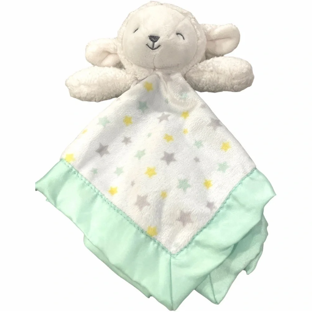 CARTERS Lamb Lovey Security Blanket Rattle Toy Satin Stars Mint Green Yellow 12”